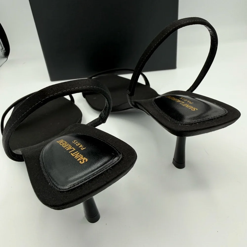 Saint Laurent Black Slim-Strap Square-Toe Sandals - Picture 6 of 7